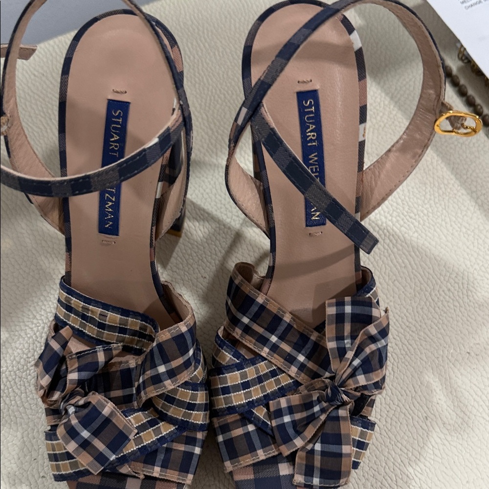 Stuart Weitzman Blue and Tan Plaid Sandals